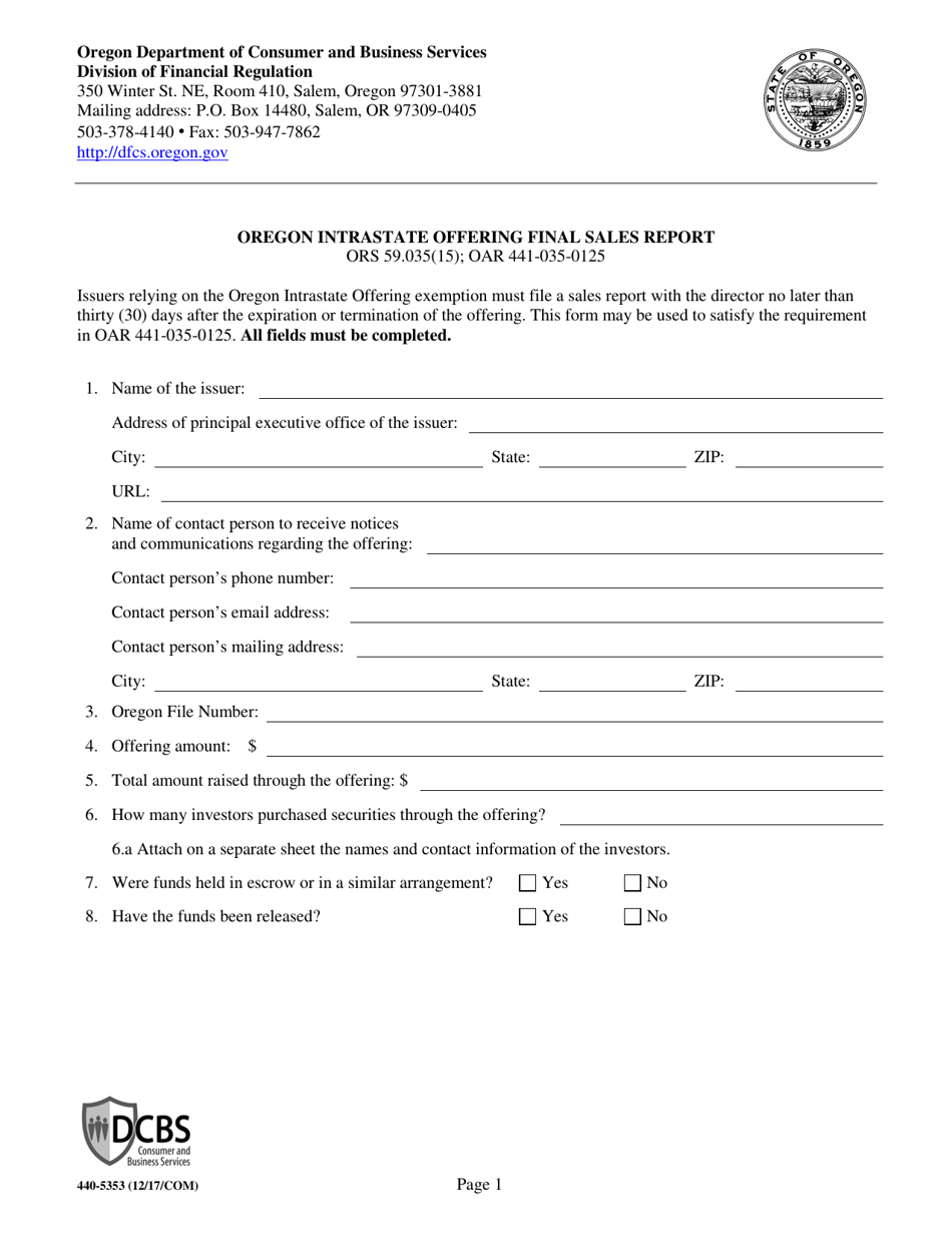 Form 440-5353 Intrastate Offering Final Sales Report - Oregon, Page 1