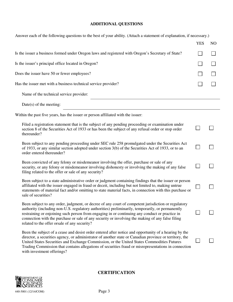 Form 440-5001 Oregon Intrastate Offering Exemption - Oregon, Page 3