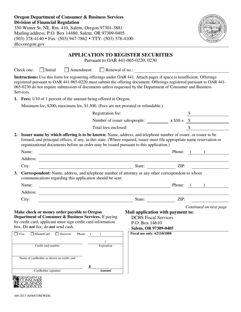 Form 440-2013 Application to Register Securities - Oregon