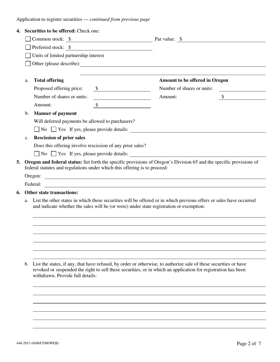 Form 440-2013 Application to Register Securities - Oregon, Page 2