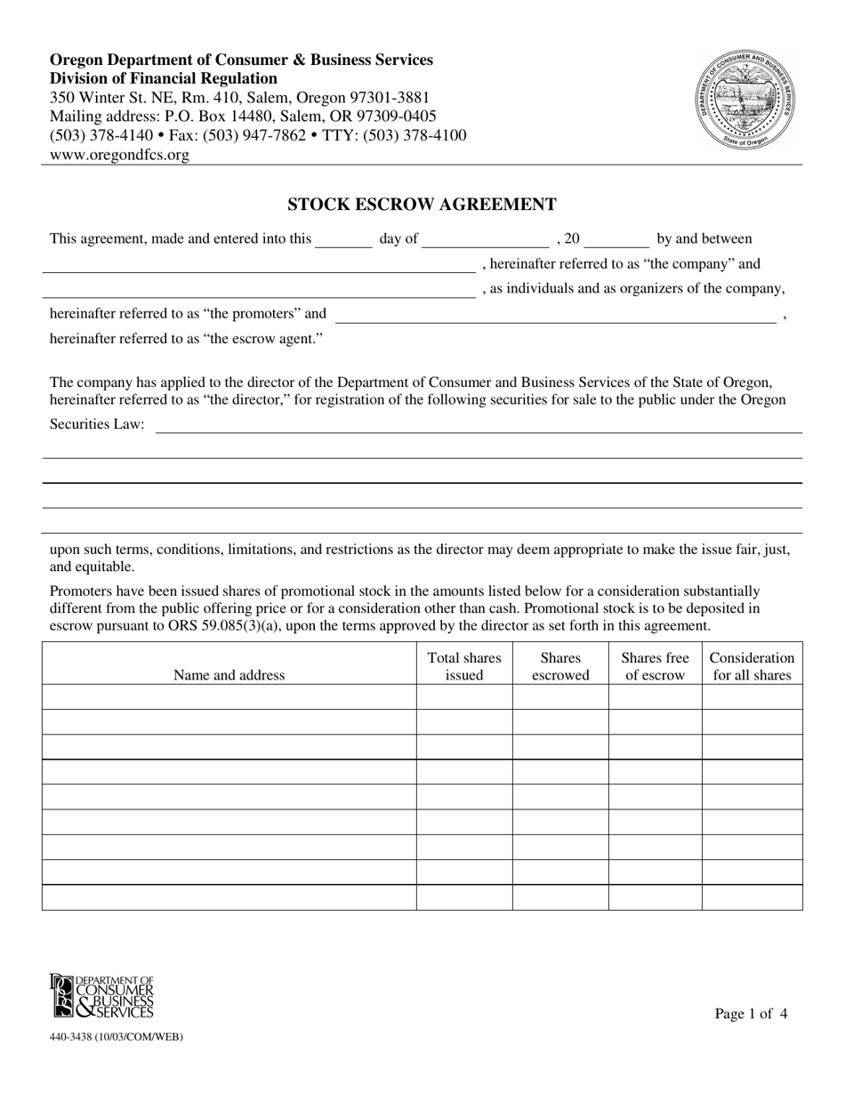Form 440-3438 Stock Escrow Agreement - Oregon, Page 1