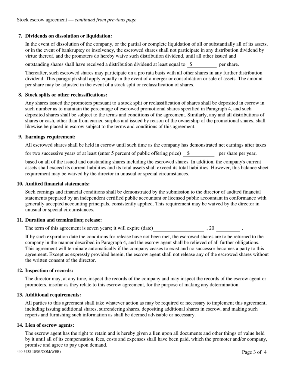 Form 440-3438 Stock Escrow Agreement - Oregon, Page 3
