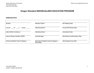 Form 581-5138B-P &quot;Oregon Standard Individualized Education Program&quot; - Oregon