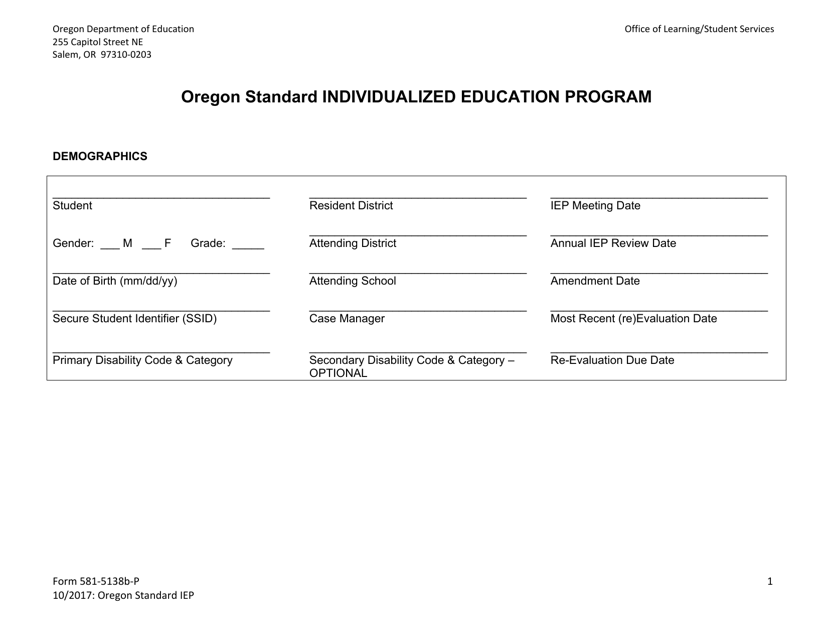 Form 581-5138B-P Oregon Standard Individualized Education Program - Oregon