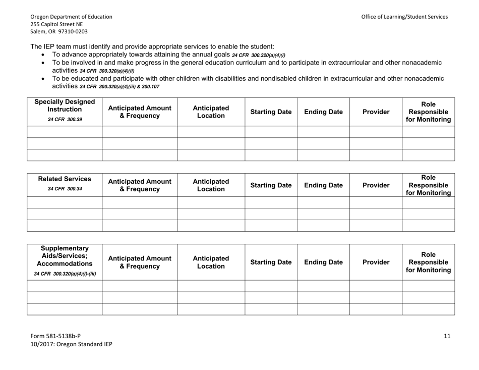 Form 581-5138B-P Oregon Standard Individualized Education Program - Oregon, Page 11