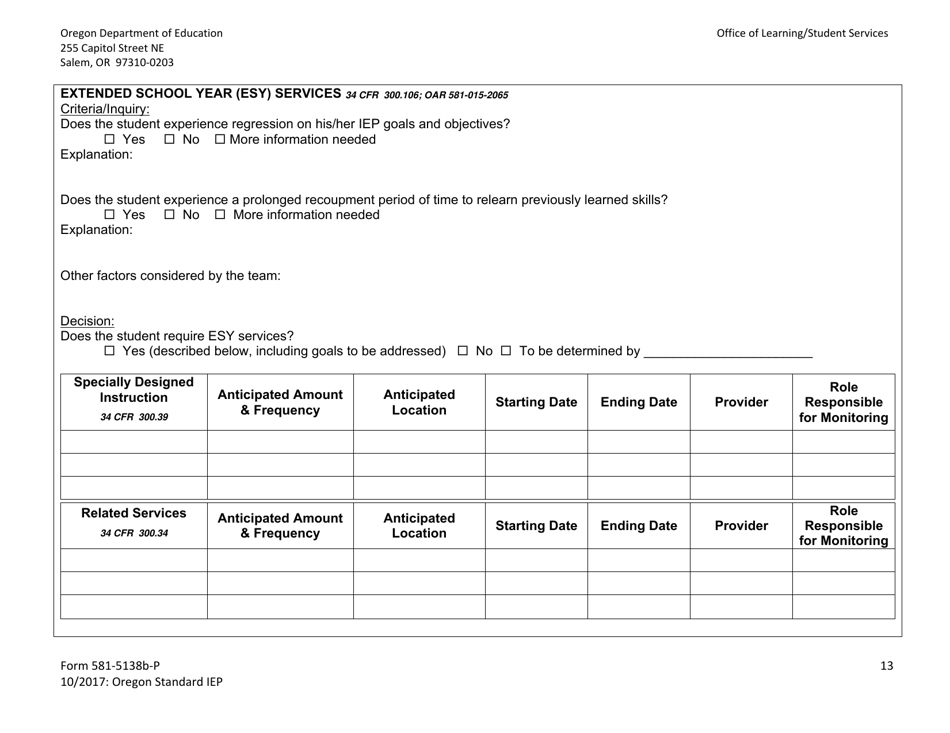 Form 581-5138B-P Oregon Standard Individualized Education Program - Oregon, Page 13