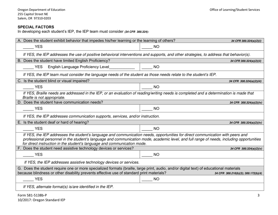 Form 581-5138B-P Oregon Standard Individualized Education Program - Oregon, Page 3