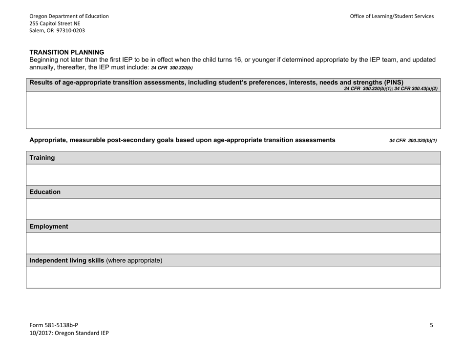 Form 581-5138B-P Oregon Standard Individualized Education Program - Oregon, Page 5