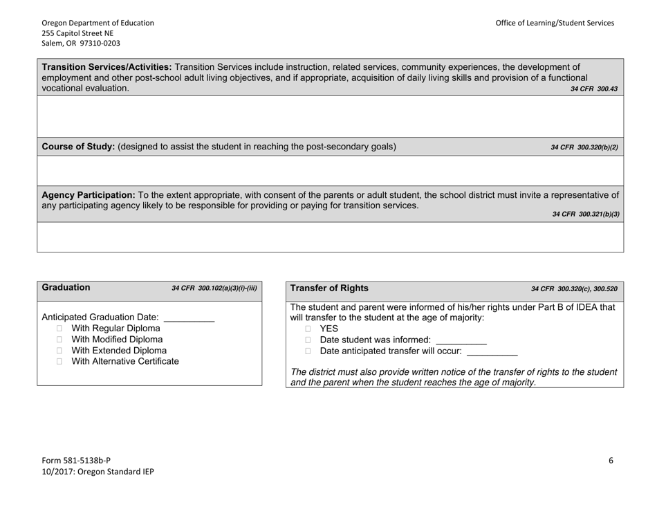 Form 581-5138B-P Oregon Standard Individualized Education Program - Oregon, Page 6