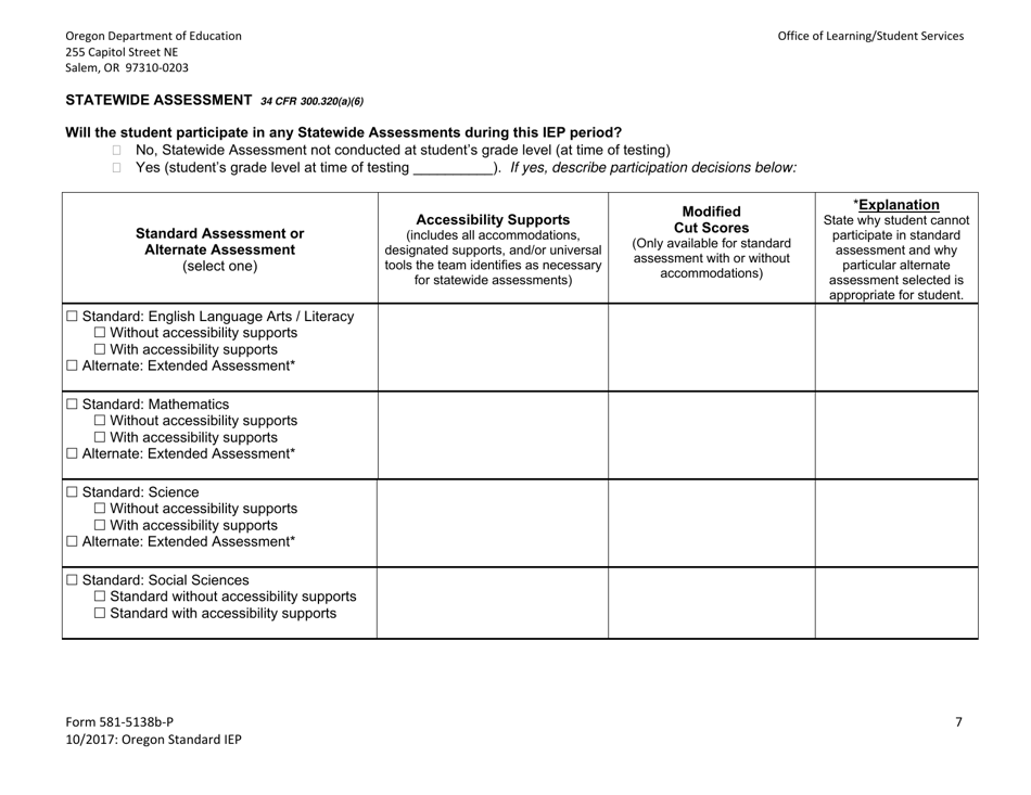 Form 581-5138B-P Oregon Standard Individualized Education Program - Oregon, Page 7