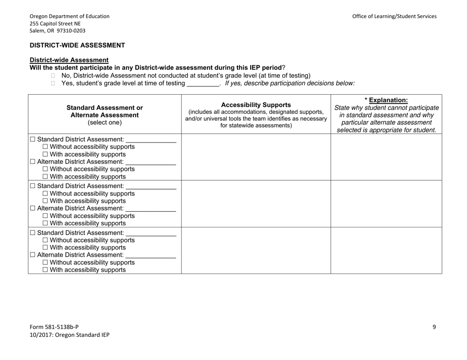 Form 581-5138B-P Oregon Standard Individualized Education Program - Oregon, Page 9