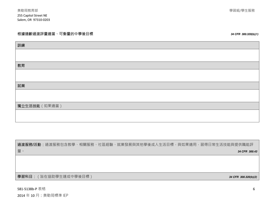 Form 581-5138B-P Part B: Oregon Standard Individualized Education Program - Oregon (Chinese), Page 6