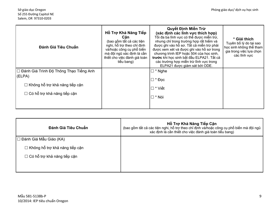 Form 581-5138B-P Oregon Standard Individualized Education Program - Oregon (Vietnamese), Page 9