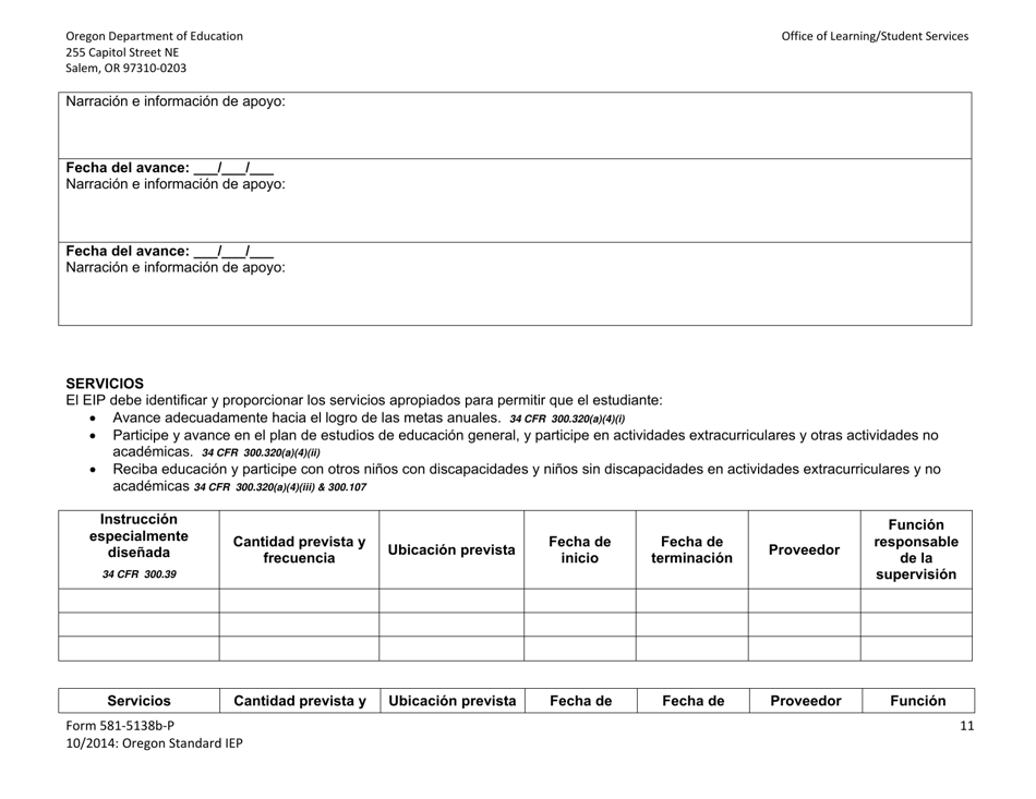 Formulario 581-5138B-P Parte B: Programa Estandar De Oregon De Educacion Individualizada - Oregon (Spanish), Page 11