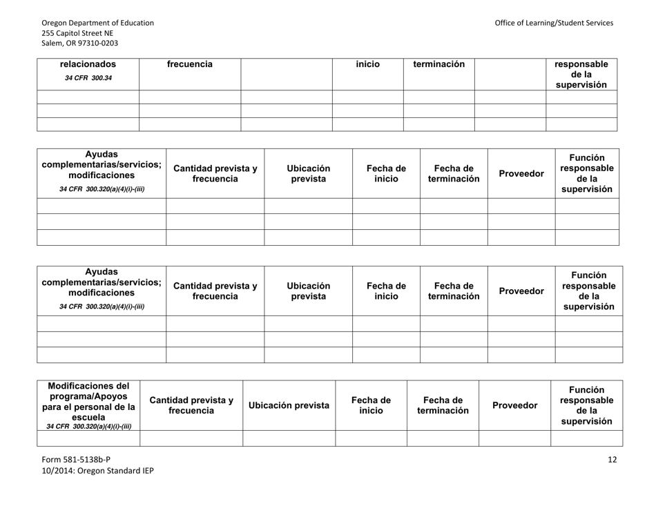 Formulario 581-5138B-P Parte B: Programa Estandar De Oregon De Educacion Individualizada - Oregon (Spanish), Page 12