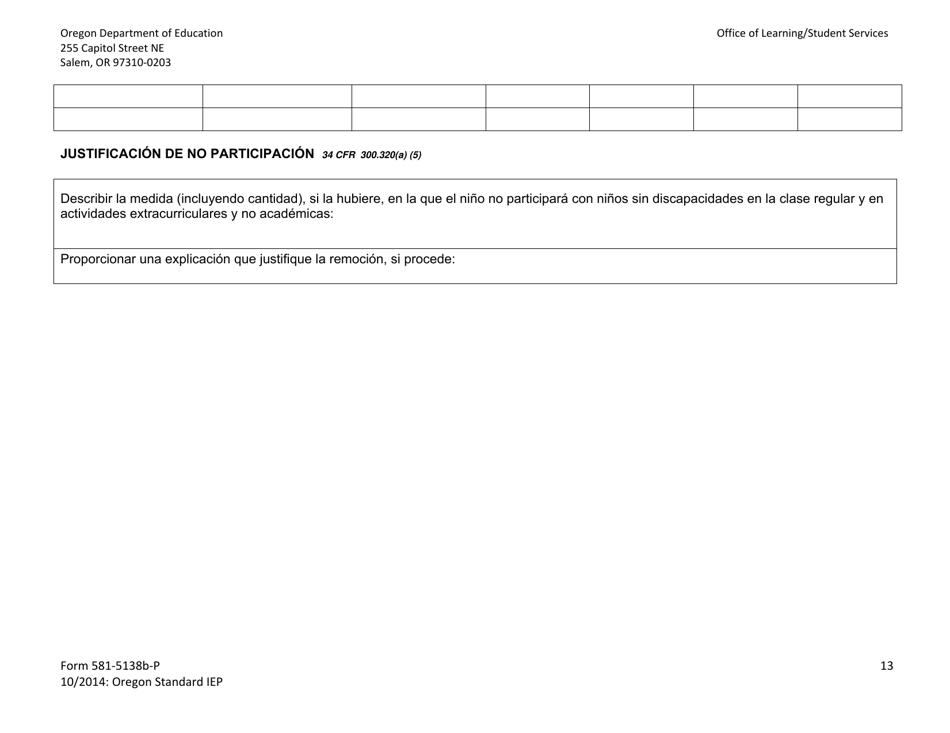 Formulario 581-5138B-P Parte B: Programa Estandar De Oregon De Educacion Individualizada - Oregon (Spanish), Page 13