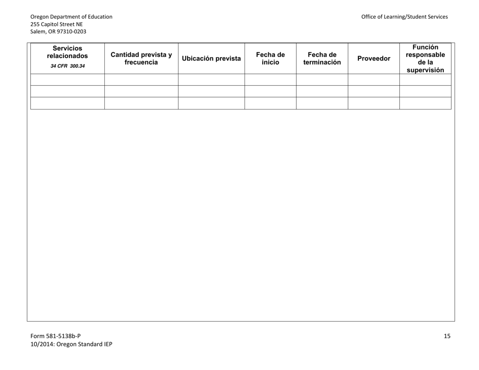 Formulario 581-5138B-P Parte B: Programa Estandar De Oregon De Educacion Individualizada - Oregon (Spanish), Page 15
