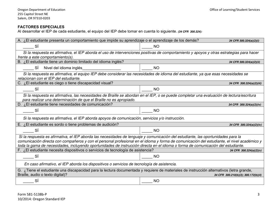 Formulario 581-5138B-P Parte B: Programa Estandar De Oregon De Educacion Individualizada - Oregon (Spanish), Page 3