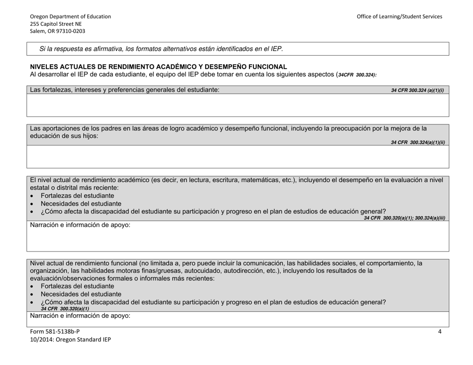 Formulario 581-5138B-P Parte B: Programa Estandar De Oregon De Educacion Individualizada - Oregon (Spanish), Page 4
