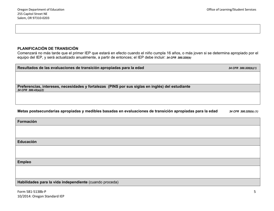 Formulario 581-5138B-P Parte B: Programa Estandar De Oregon De Educacion Individualizada - Oregon (Spanish), Page 5