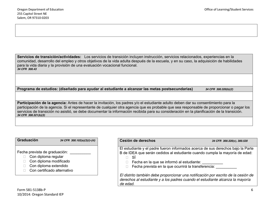 Formulario 581-5138B-P Parte B: Programa Estandar De Oregon De Educacion Individualizada - Oregon (Spanish), Page 6