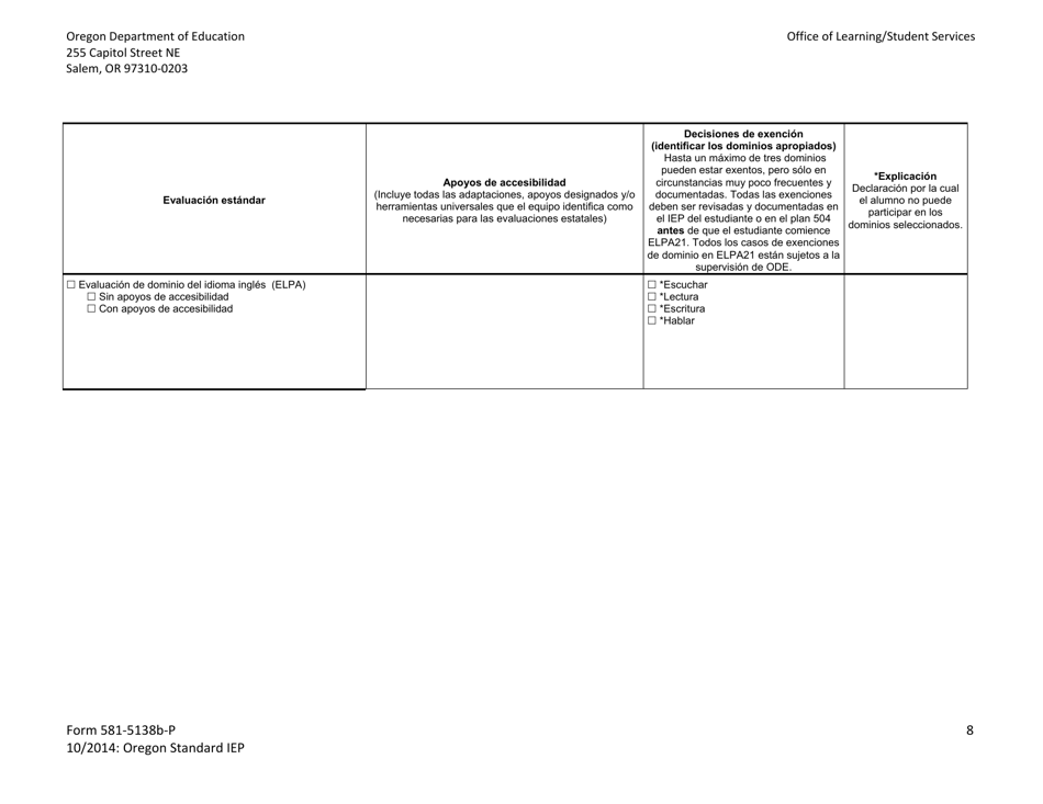 Formulario 581-5138B-P Parte B: Programa Estandar De Oregon De Educacion Individualizada - Oregon (Spanish), Page 8