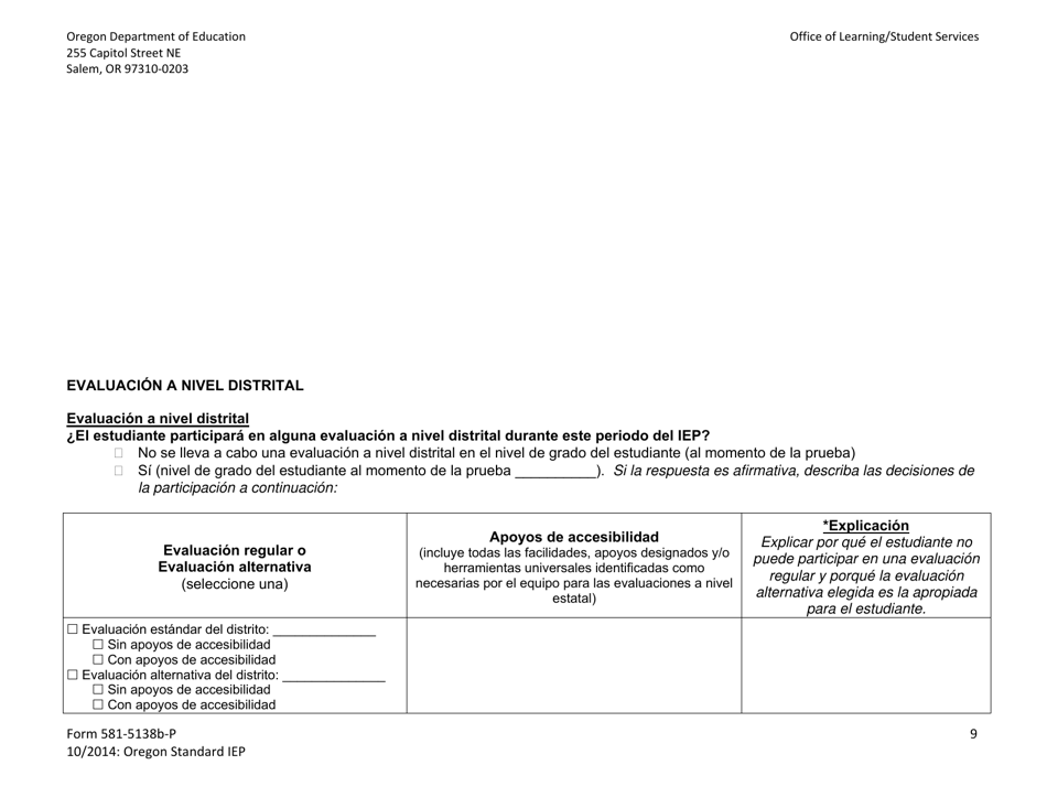 Formulario 581-5138B-P Parte B: Programa Estandar De Oregon De Educacion Individualizada - Oregon (Spanish), Page 9