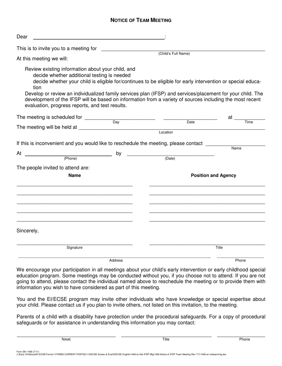 Form 581-1406 Notice of Team Meeting - Oregon, Page 1
