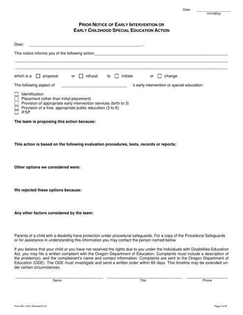 Form 581-1457 Prior Notice of Early Intervention or Early Childhood Special Education Action - Oregon
