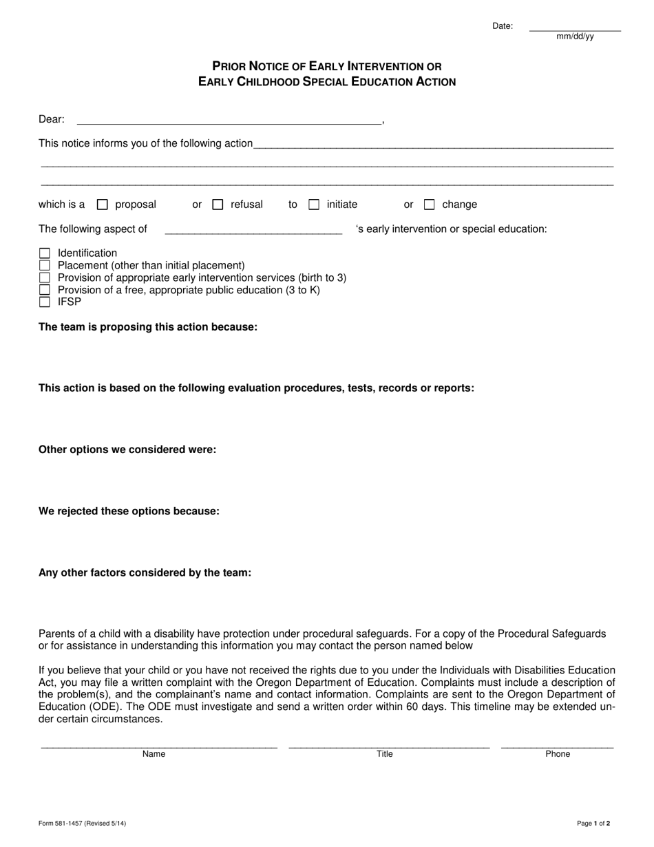 Form 581-1457 Prior Notice of Early Intervention or Early Childhood Special Education Action - Oregon, Page 1