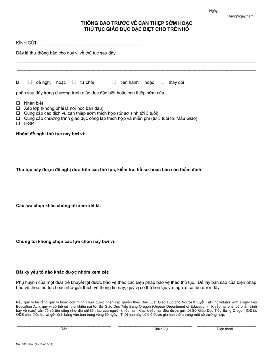 Form 581-1457 Prior Notice of Early Intervention or Early Childhood Special Education Action - Oregon (Vietnamese), Page 1