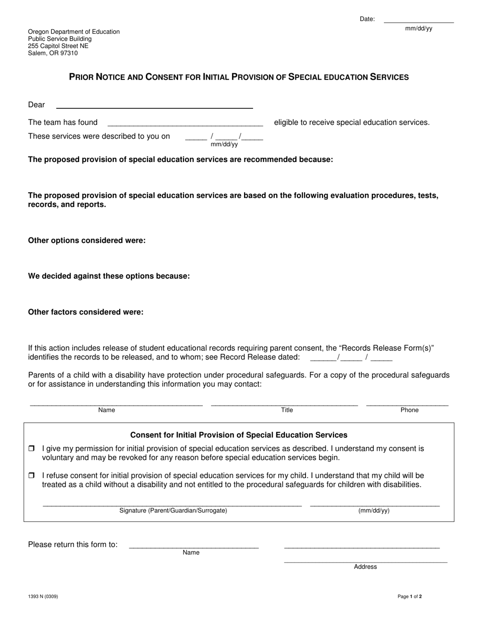 Form 1393 N Prior Notice and Consent for Initial Provision of Special Education Services - Oregon, Page 1