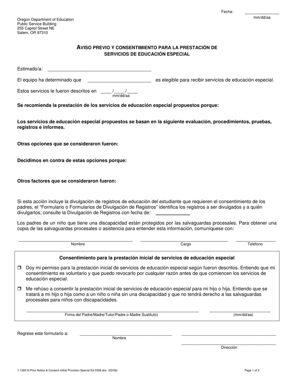 Formulario 1393 Aviso Previo Y Consentimiento Para La Prestacion De Servicios De Educacion Especial - Oregon (Spanish), Page 1