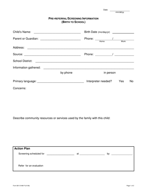 Form 581-5148T-P Pre-referral/Screening Information (Birth to School) - Oregon