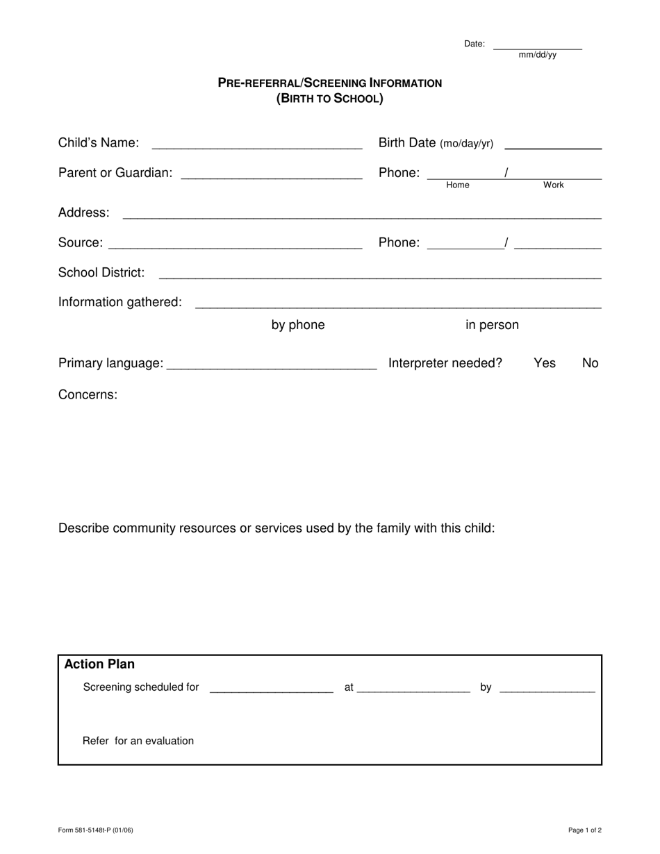 Form 581-5148T-P Pre-referral/Screening Information (Birth to School) - Oregon, Page 1