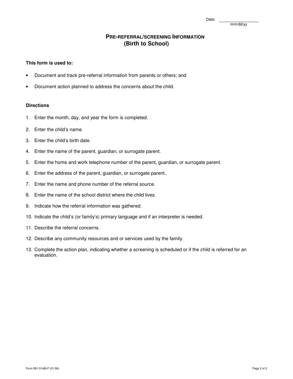 Form 581-5148T-P Pre-referral / Screening Information (Birth to School) - Oregon, Page 2