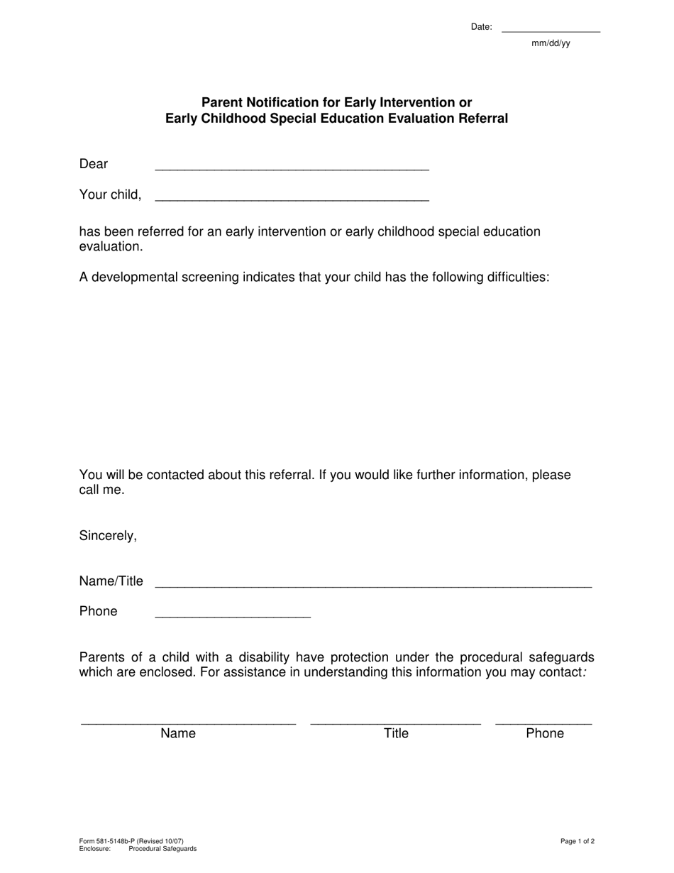 Form 581-5148B-P Parent Notification for Early Intervention or Early Childhood Special Education Evaluation Referral - Oregon, Page 1