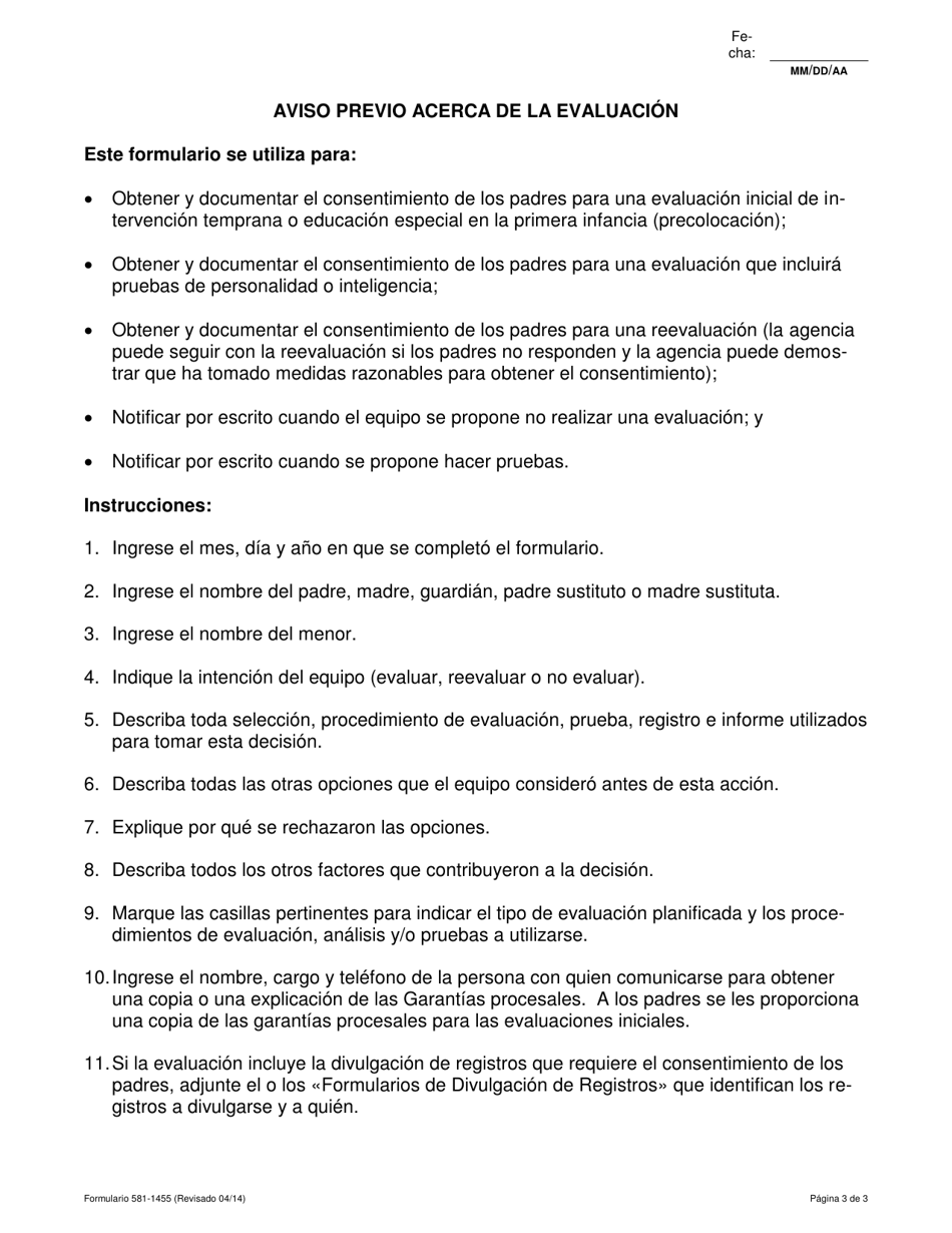 Formulario 581-1455 Aviso Previo Acerca De La Evaluacion / El Consentimiento Para La Evaluacion - Oregon (Spanish), Page 3