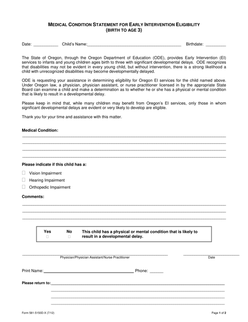 Form 581-5150D-X Medical Condition Statement for Early Intervention Eligibility (Birth to Age 3) - Oregon