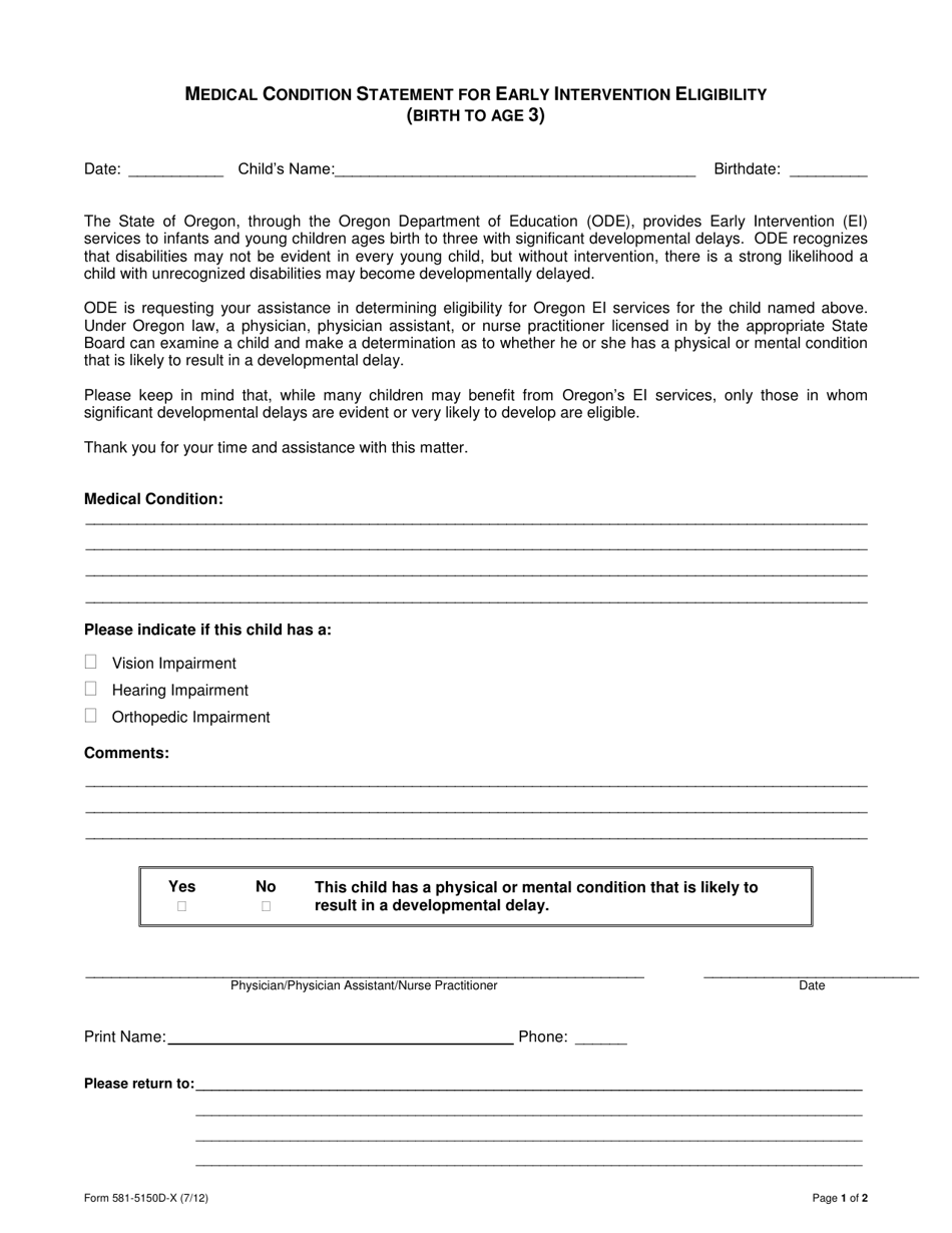 Form 581-5150D-X Medical Condition Statement for Early Intervention Eligibility (Birth to Age 3) - Oregon, Page 1