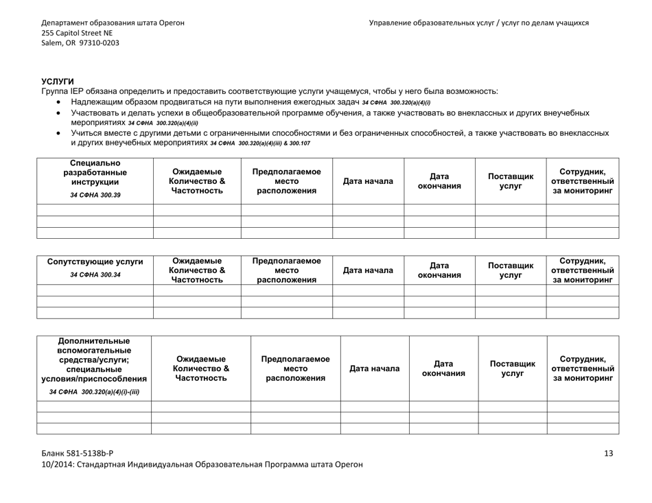 Form 581-5138B-P Part B: Oregon Standard Individualized Education Program - Oregon (Russian), Page 13