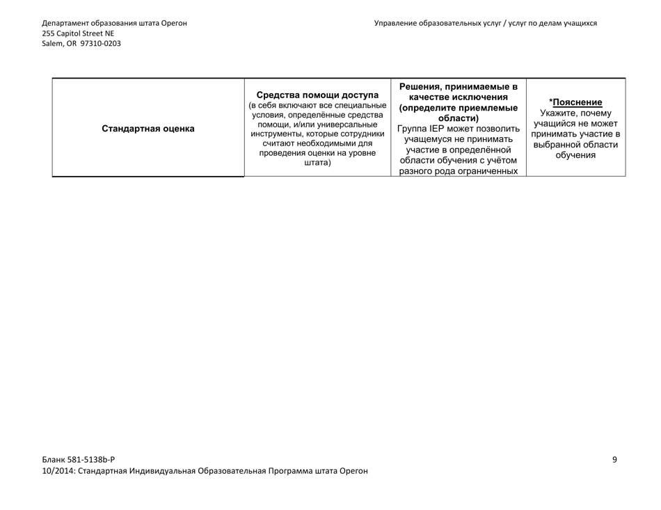Form 581-5138B-P Part B: Oregon Standard Individualized Education Program - Oregon (Russian), Page 9