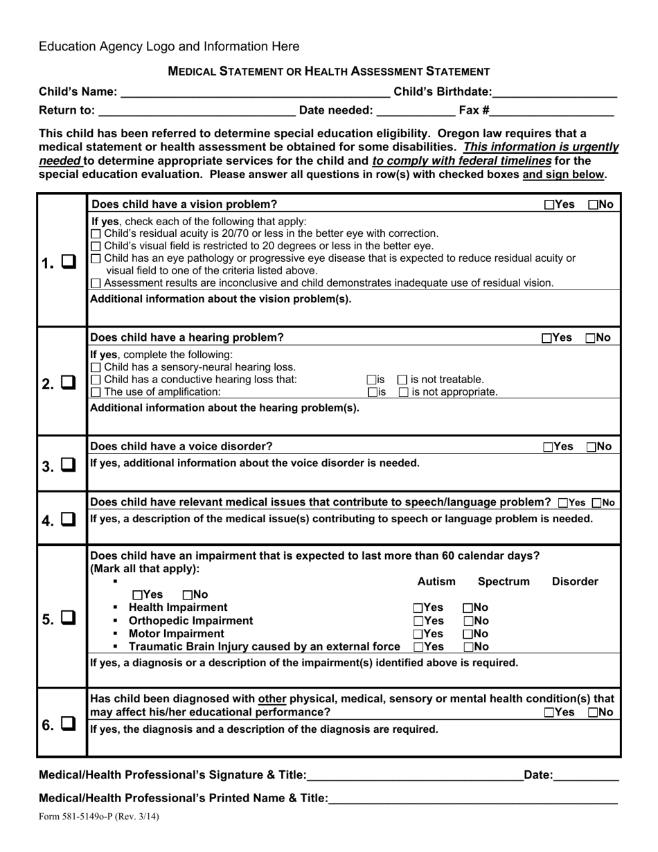 Form 581-5149O-P Medical Statement or Health Assessment Statement - Oregon, Page 1