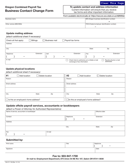 Form 150-211-159 Business Contact Change Form - Oregon