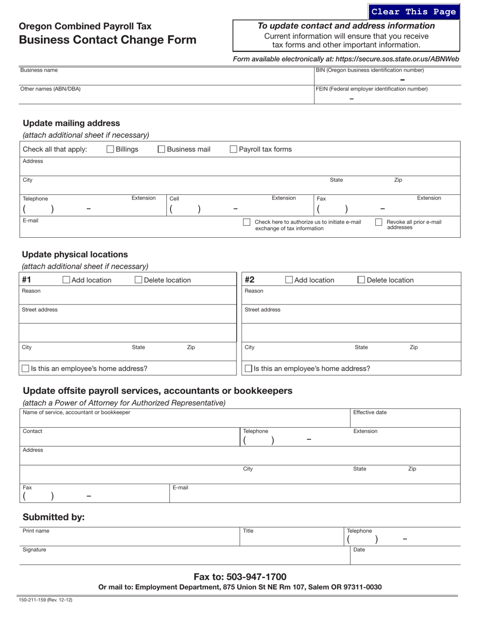 Form 150-211-159 Business Contact Change Form - Oregon, Page 1