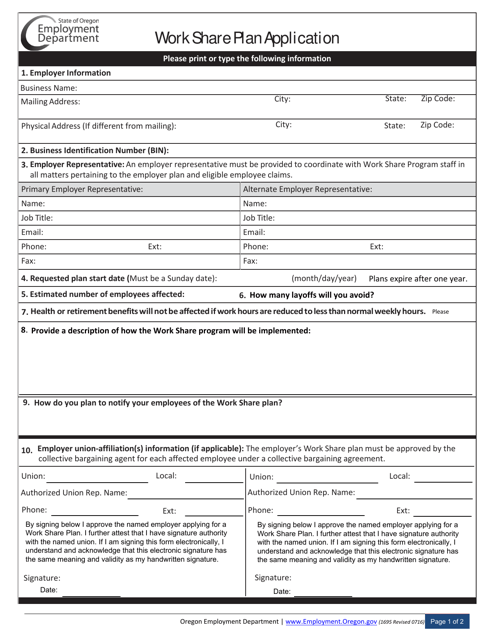 Form 1695 Work Share Plan Application - Oregon