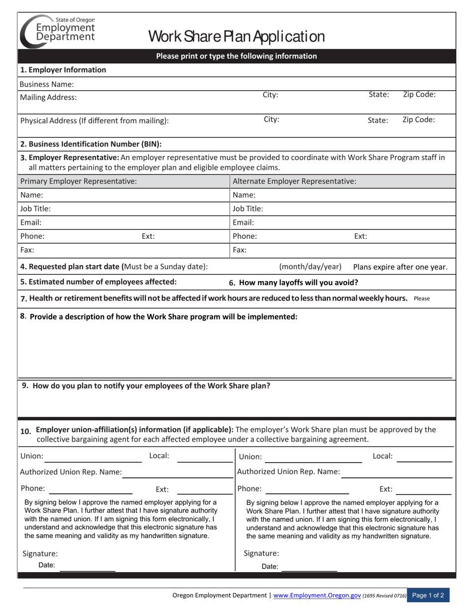 Form 1695 Work Share Plan Application - Oregon, Page 1