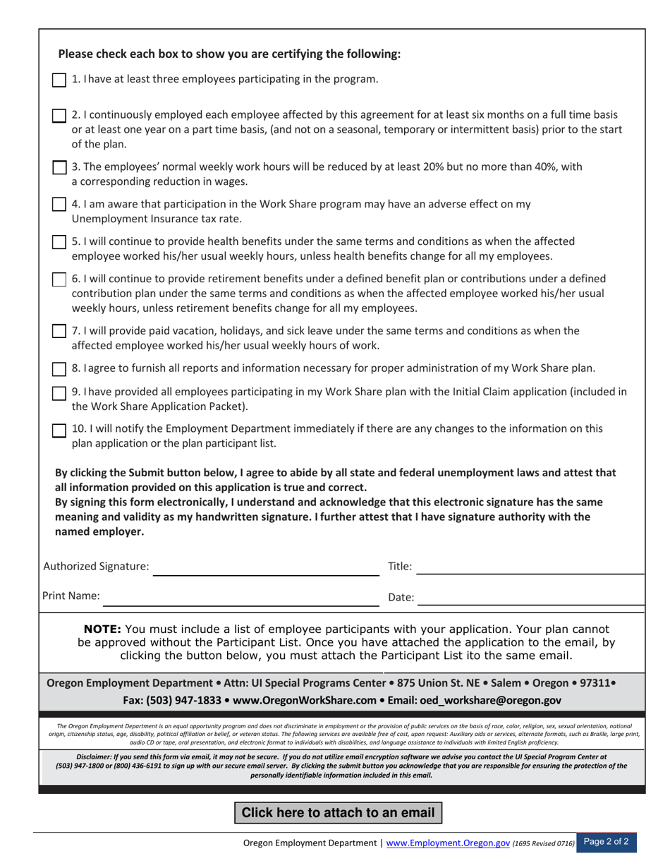Form 1695 Work Share Plan Application - Oregon, Page 2