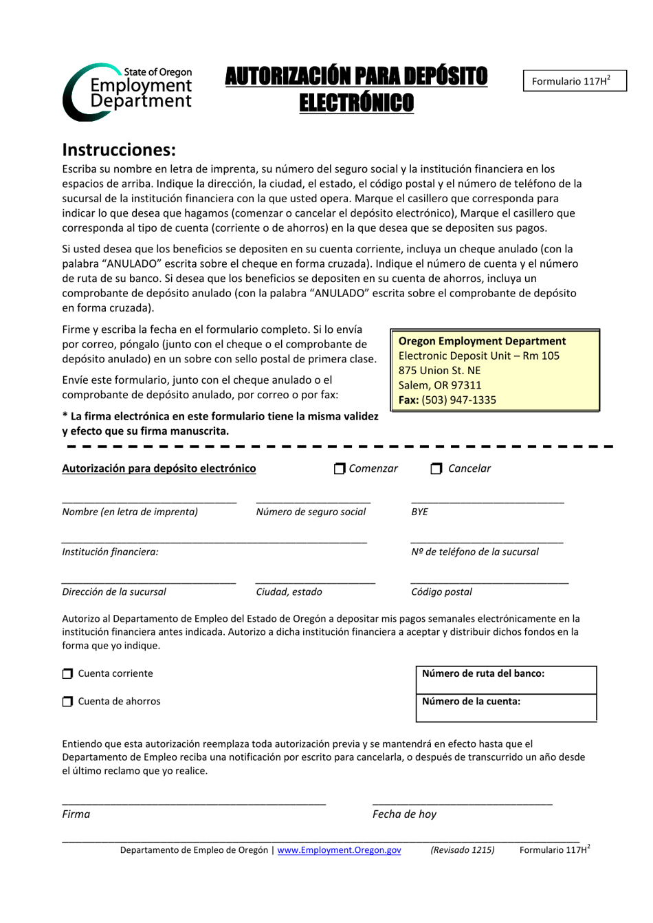 Formulario 117H2 Autorizacion Para Deposito Electronico - Oregon (Spanish), Page 1