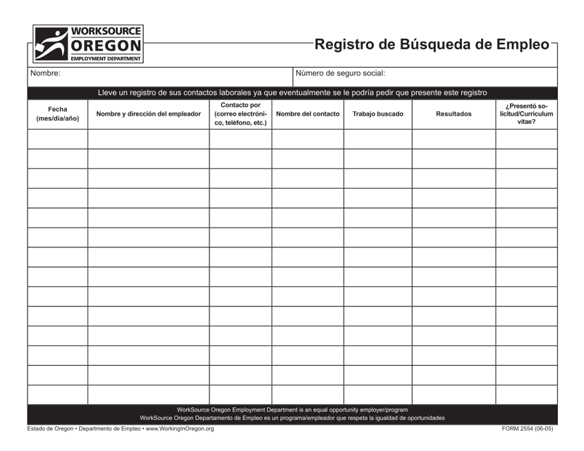 Formulario 2554 Registro De Busqueda De Empleo - Oregon (Spanish)